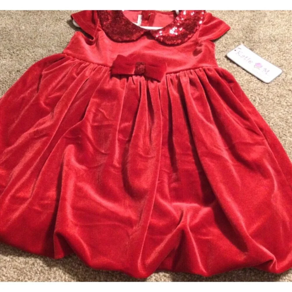 3T NWT KATIE M Red Holiday Velour Sequins Bubble Dress